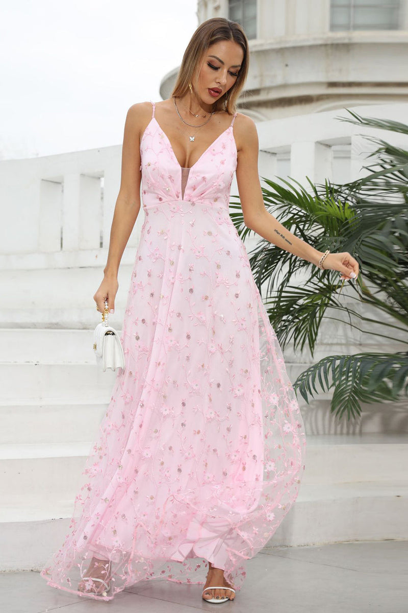Load image into Gallery viewer, Pink Spaghetti Straps Formal Dress with Flowers