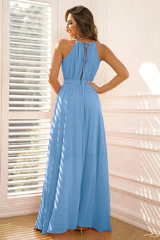 Blue A-Line Sleeves Long Formal Dress