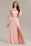 Blush A-Line Off the Shoulder Long Formal Dress with Slit