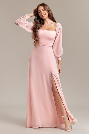 Blush A-Line Off the Shoulder Long Formal Dress with Slit