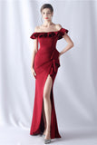 Burgundy Mermaid Off the Shoulder Long Formal Dress with Ruffles