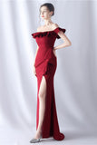 Burgundy Mermaid Off the Shoulder Long Formal Dress with Ruffles