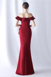 Burgundy Mermaid Off the Shoulder Long Formal Dress with Ruffles