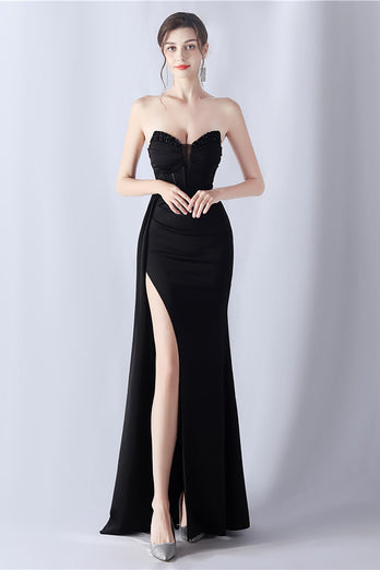 Navy Mermaid Strapless Long Corset Formal Dress with Slit