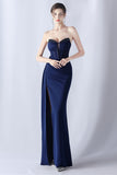 Navy Mermaid Strapless Long Corset Formal Dress with Slit