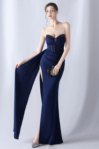 Navy Mermaid Strapless Long Corset Formal Dress with Slit
