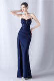 Navy Mermaid Strapless Long Corset Formal Dress with Slit