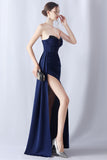 Navy Mermaid Strapless Long Corset Formal Dress with Slit