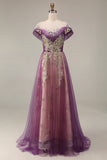 Sparkly Purple A-Line Tulle Long Formal Dress