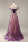 Sparkly Purple A-Line Tulle Long Formal Dress