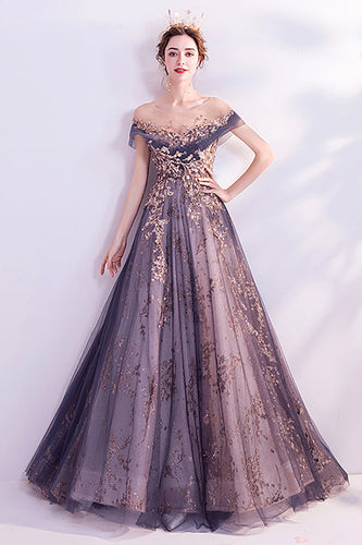 Sparkly Purple A-Line Tulle Long Formal Dress