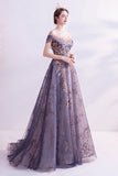 Sparkly Purple A-Line Tulle Long Formal Dress