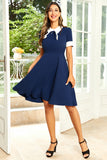 Jewel Neck Navy 1950s Dress with Bowknot