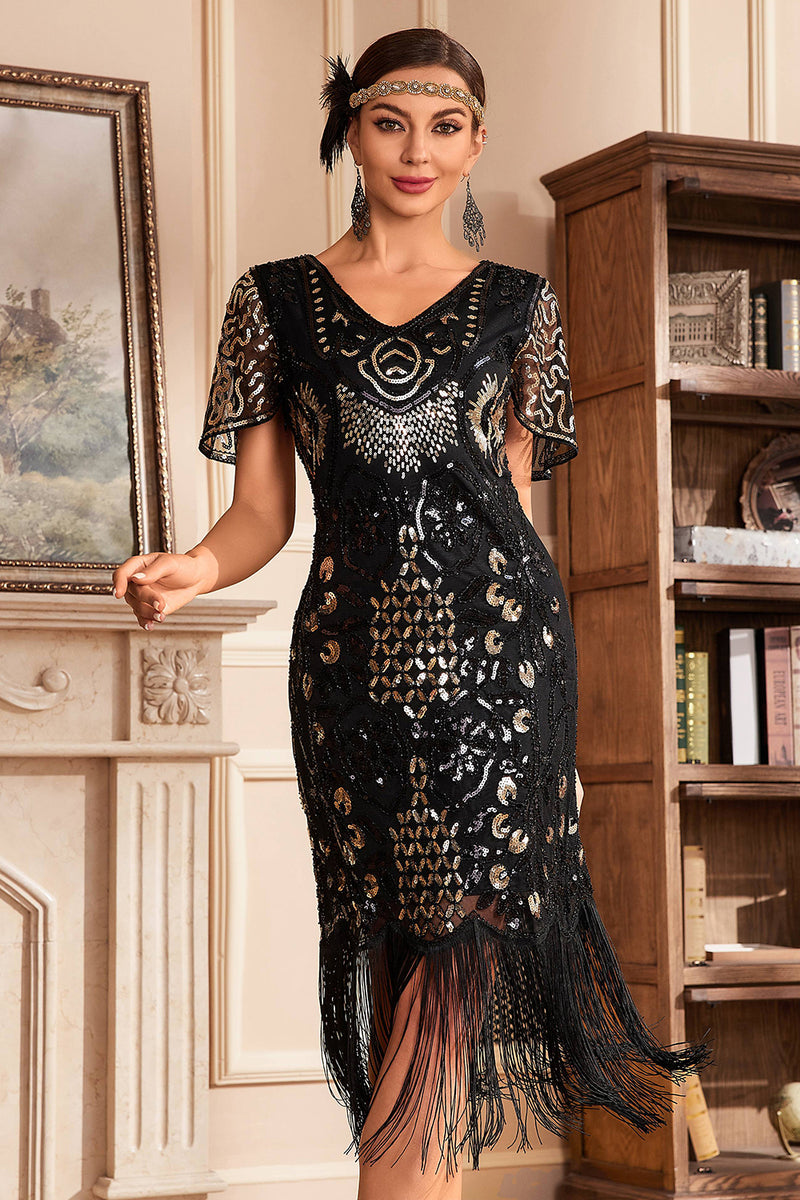 Load image into Gallery viewer, Dark Green V Neck Fringe 1920s Gatsby Dress With Sequins