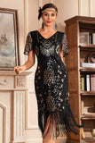 Black Golden V Neck Fringe 1920s Gatsby Dress With Sequins