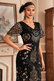 Black Golden V Neck Fringe 1920s Gatsby Dress With Sequins