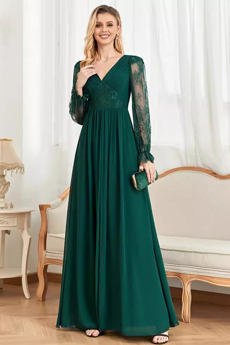 Load image into Gallery viewer, Dark Green Lace Long SLeeves A Line Formal Dress