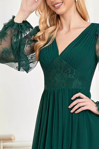 Dark Green Lace Long SLeeves A Line Formal Dress