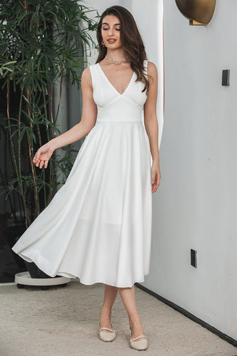 A Line V Neck Sleeveless Little White Dress with Hollow-out Back