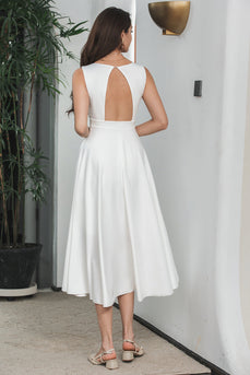 A Line V Neck Sleeveless Little White Dress with Hollow-out Back