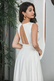 A Line V Neck Sleeveless Little White Dress with Hollow-out Back