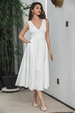 A Line V Neck Sleeveless Little White Dress with Hollow-out Back