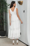 Simple Tea-length Lace White Sleeveless Boho Beach Holiday Dress