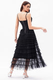 Black A-Line Tulle Tiered Corset Party Dress