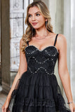 Black A-Line Spaghetti Straps Short Corset Party Dress