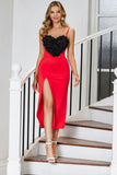 Red Bodycon Spaghetti Staps Formal Dress with 3D Flower