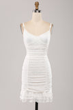 Spaghetti Straps Bodycon Pleated Lace Little White Graduation Dress