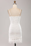 Spaghetti Straps Bodycon Pleated Lace Little White Graduation Dress