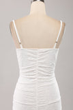 Spaghetti Straps Bodycon Pleated Lace Little White Graduation Dress