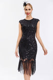 Black Sequins 1920s Gatsby Dress with Fringes