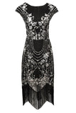 Black Sheath Cap Sleeves Sequins 1920s Flapper Dress with Fringes