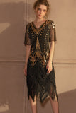 Sparkly Black Golden Short Sleeves V-neck Sequins 1920s Gatsby Dress with Fringes