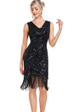 Sparkly Black Sequins V-Neck 1920s Flapper Dress with Fringes