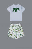 White Green Floral Printed Short Sleeves Matching Family Pajamas