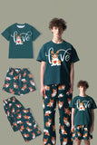 Dark Green Dog Printed Short Sleeves Matching Family Pajamas