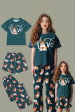 Dark Green Dog Printed Short Sleeves Matching Family Pajamas