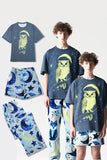 Grey Blue Luminous Printed  Short Sleeves Matching Family Pajamas