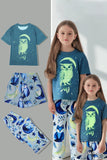 Grey Blue Luminous Printed  Short Sleeves Matching Family Pajamas