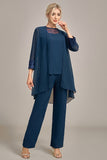 3 Pieces Navy Chiffon Long Sleeves Choir Pant Suits