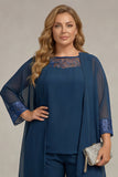 Navy 3 Pieces Long Sleeves Plus Size Mother of the Bride Pant Suits