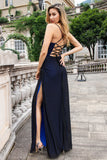 Back Blue Mermaid Spaghetti Straps Long Wedding Party Dress with Slit