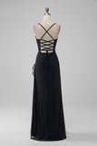 Black Blue Spaghetti Straps Mermaid Long Prom Dress with Slit