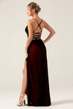 Sheath Spaghetti Straps Floor Length Black Red Bridesmaid Dress