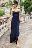 Sheath Spaghetti Straps Black Red Floor Length Bridesmaid Dress