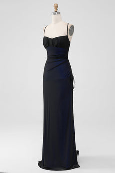 Black Blue Spaghetti Straps Mermaid Long Prom Dress with Slit