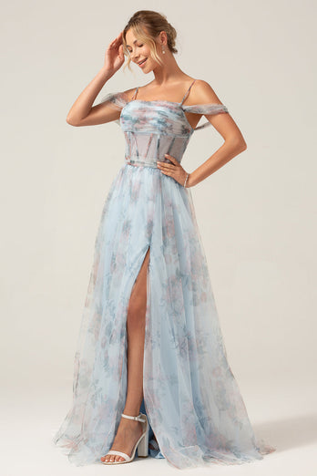 Cold Shoulder A-Line Blue Printed Long Corset Formal Dress with Slit
